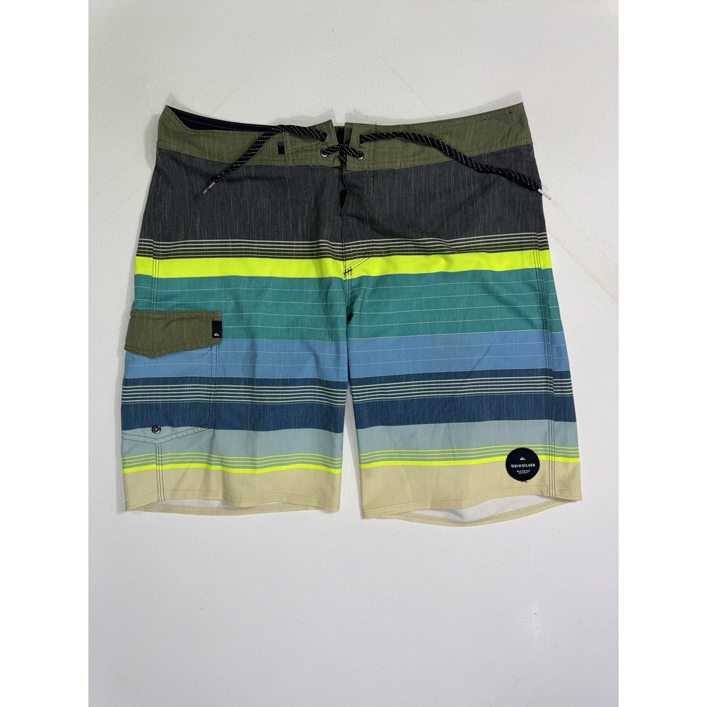 Quiksilver Board Short Men 34x10 Blue Striped Surf Swim Trunks Vacation Summer